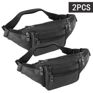 2-Pack Genuine Leather Fanny Pack Waist Bag with 6 Pockets, Adjustable Belt for Men Women, Black
