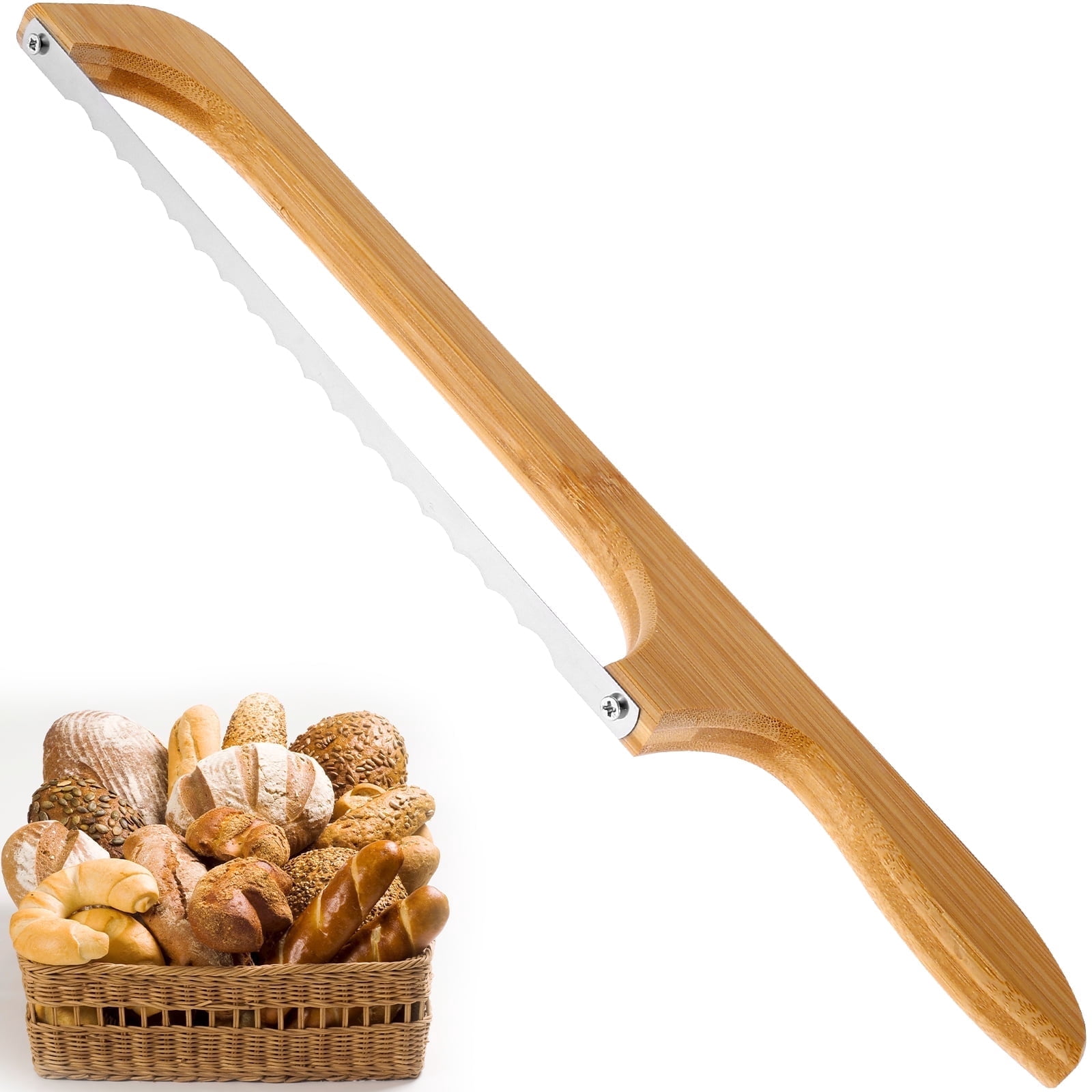 Jetcloudlive Bread Knife for Homemade Bread, 15.7" Wooden Bread Bow Knife, Stainless Steel Serrated Bow Bread Slicer for Sourdough Bread, Bagel, Baguette