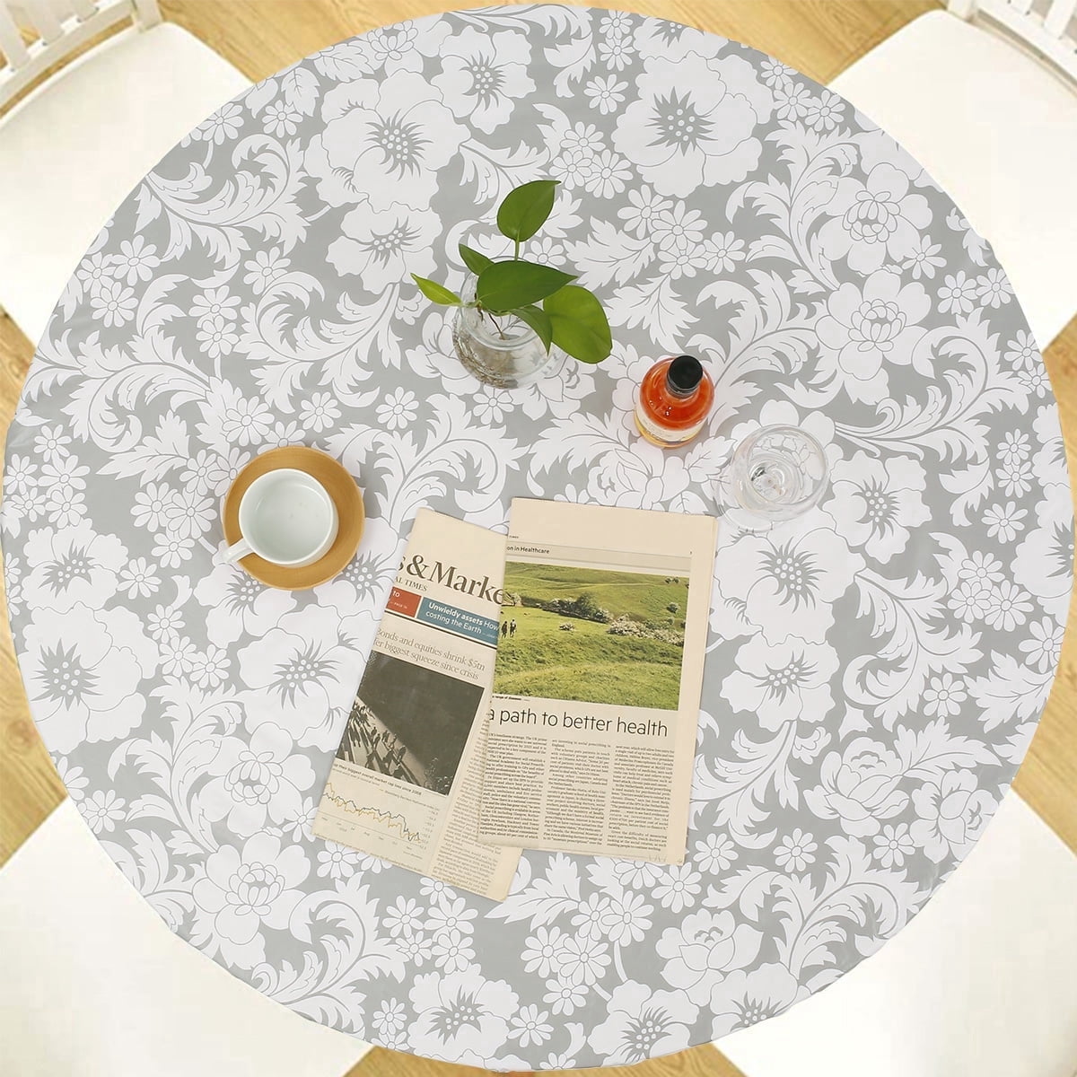 Indoor Outdoor Patio Round Fitted Vinyl Tablecloth,Flannel Backing,Elastic Edge,Waterproof Plastic Table Cover,Gray chrysanthemum Pattern for 6-Seat Table of 45-56???? Diameter