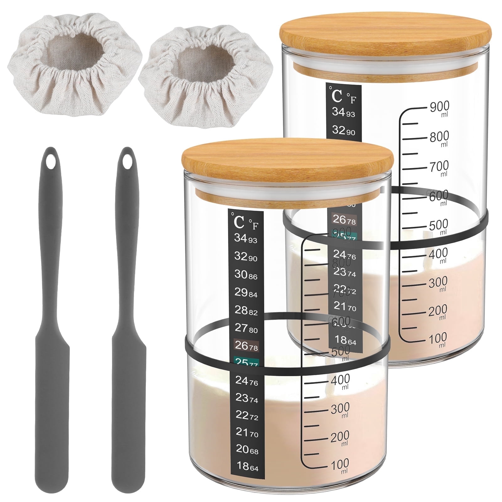Tcwhniev 30.5oz Sourdough Starter Kit with Date Marked Feeding Band, Glass Fermentation Jar, Spatula, Cloth Cover & Thermometer for Artisan Bread Baking Supplies