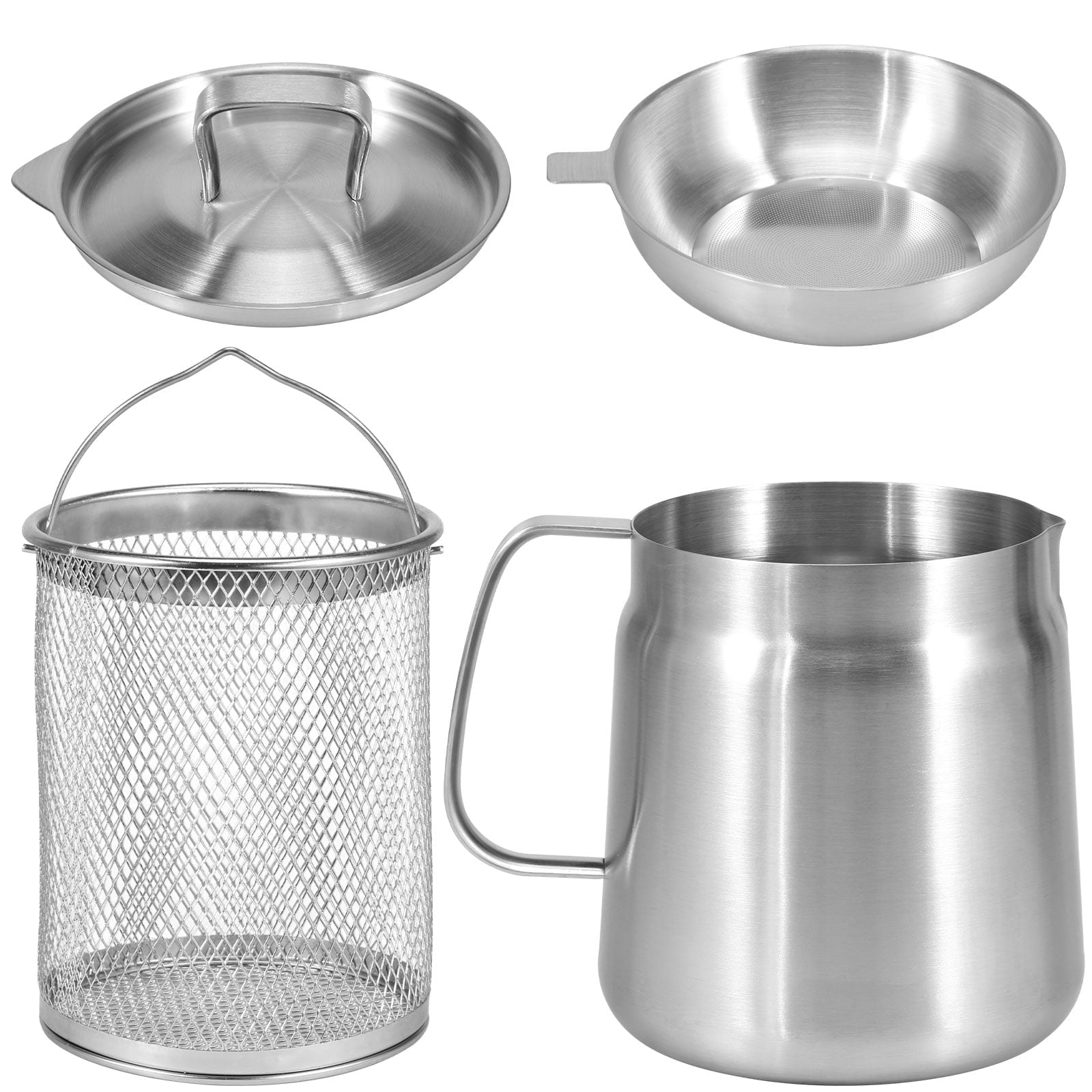 Oil Strainer Pot 1.5L Large Capacity Oil Storage Can with Filter Lid and Frying Basket 304 Stainless Steel Oil Filter Tank Multifunctional Oil Filter Pot for Storing Frying Oil Cooking Grease