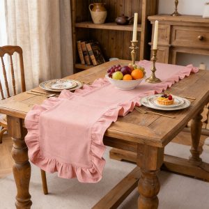 Tcwhniev Cotton Ruffled Table Runner 13.7x71 Inch, Rustic Farmhouse Decor for Wedding, Birthday Party & Kitchen Table,Pink