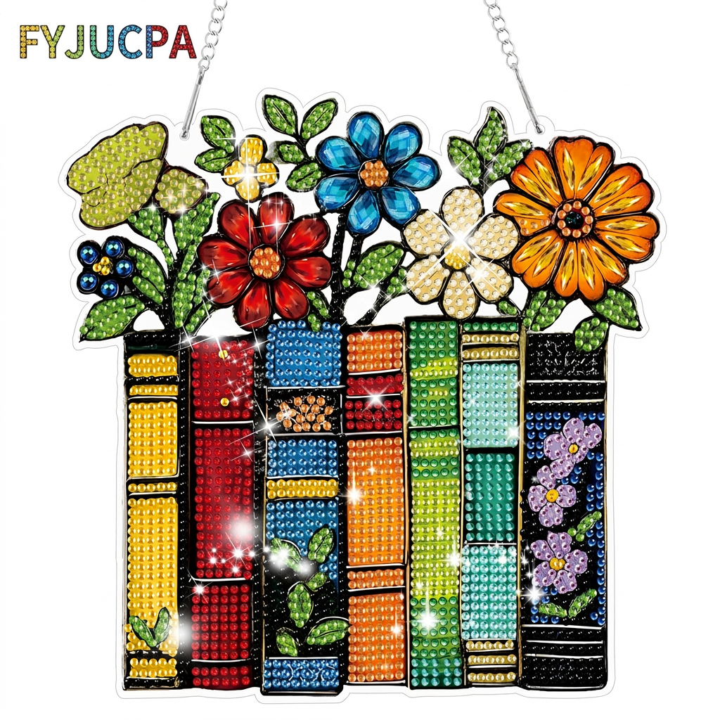 Book Diamond Art Kit Acrylic DIY Rhinestone Hanging Ornament with Chain and Complete Tool for Window Wall Home Decor