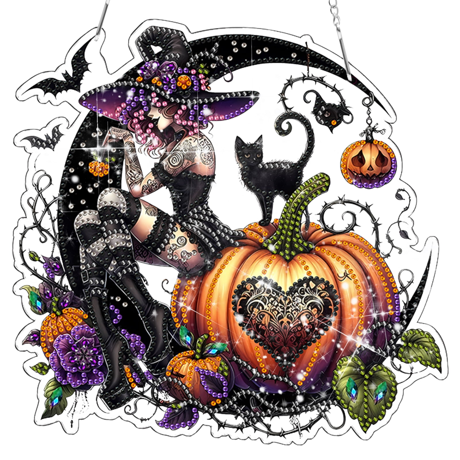 Halloween Diamond Art Kit for Adults, 5D Double Sided Acrylic Hanging Window Ornament, DIY Rhinestone Craft with Chain for Home Decor