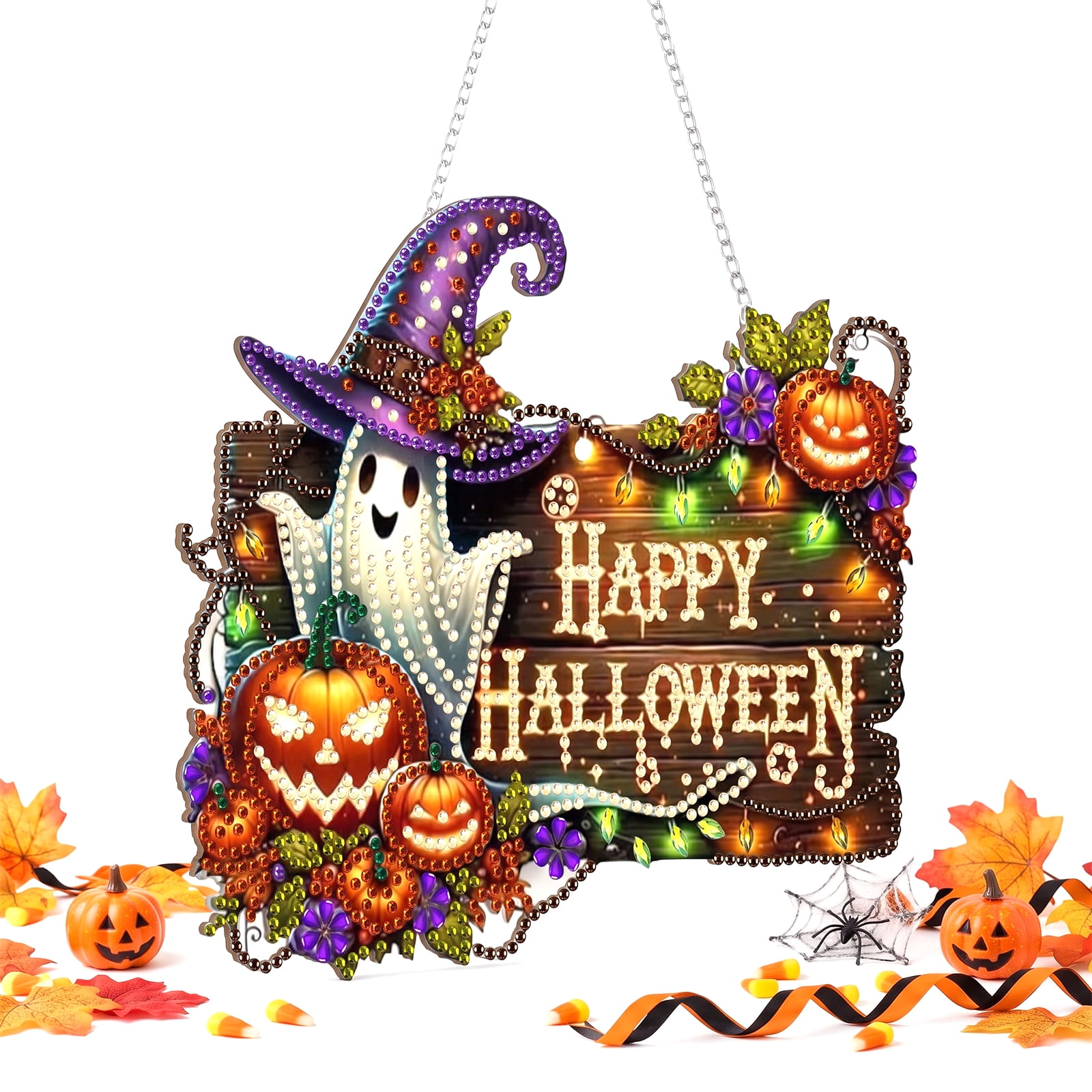 Halloween Diamond Art Kit for Adults, 5D Double Sided Acrylic Hanging Window Ornament, DIY Rhinestone Craft with Chain for Home Decor