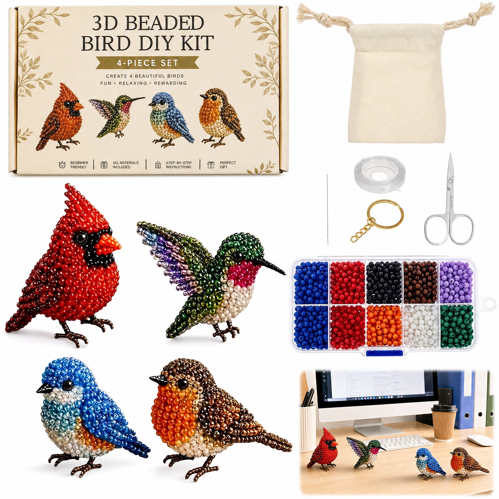Tiny 3D Beaded Animal Kit Cute DIY Bird Animals Beading Kit Creative Beading Craft Set for Teens Adults Home Desk Decor