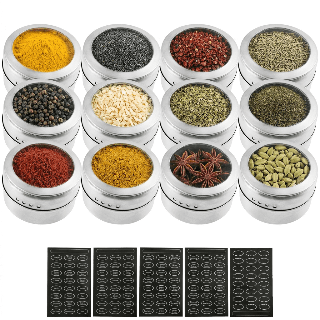 12 Pcs Magnetic Spice Tins, 4 oz Stainless Steel Magnetic Spice Jars for Refrigerator, Seasoning Containers with Clear Tops and 5 Label Sheets for Kitchen and RV Camper Organization