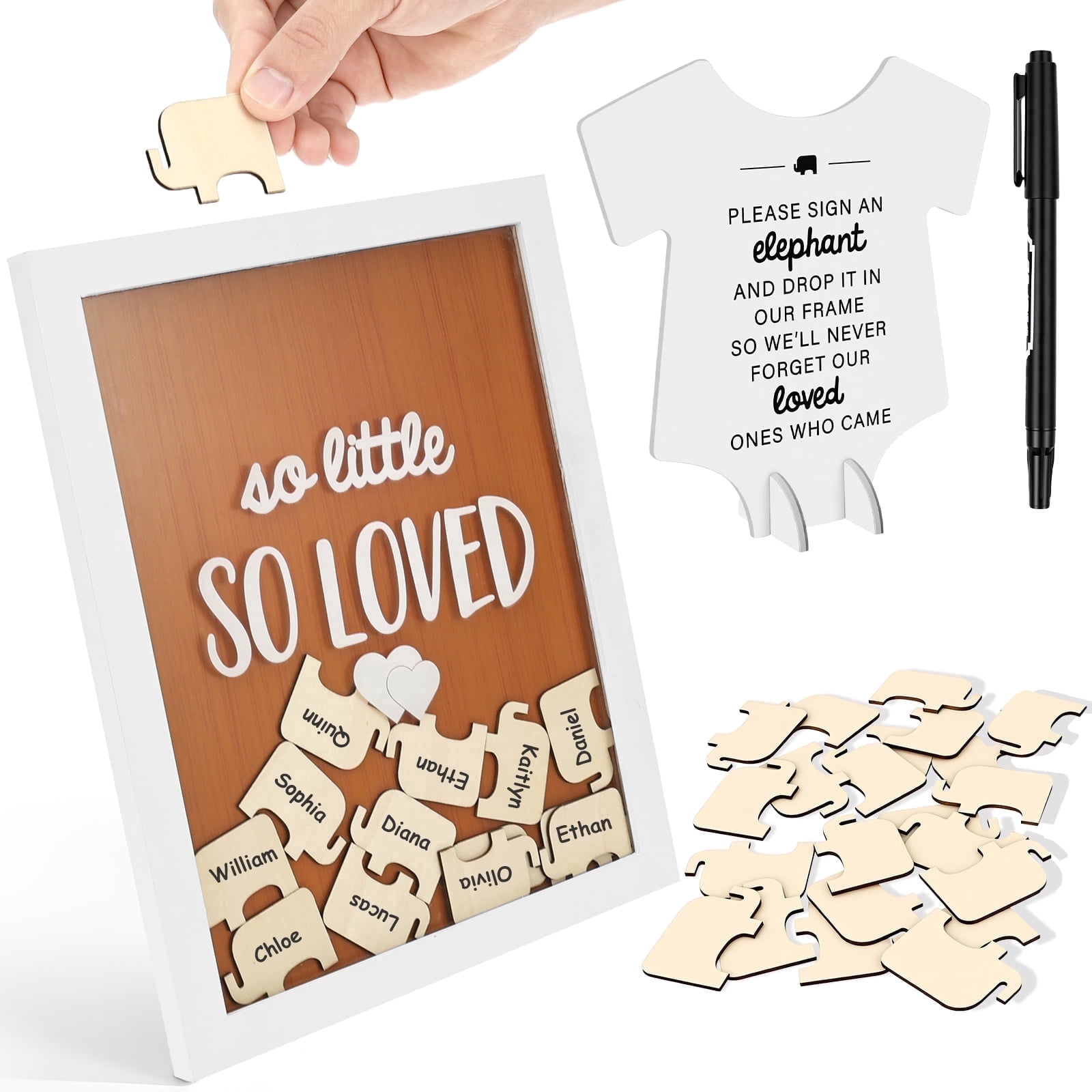 Baby Shower Guest Book Alternative Wood and Acrylic Frame with 50 Wood Chips Neutral Nursery Decor