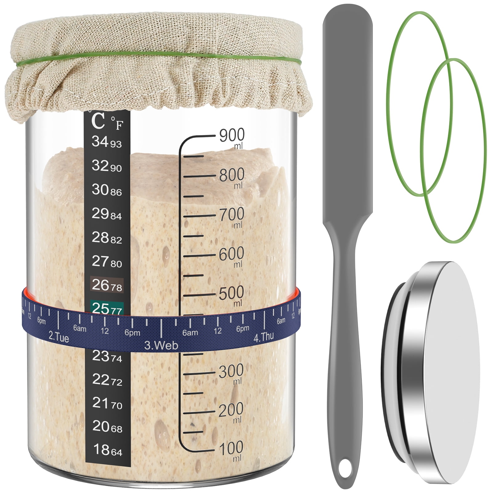 Tcwhniev Sourdough Starter Jar Kit with Feeding Date Tracker, Thermometer, Anti-Slip Silicone Base, 30oz Glass Fermentation Tank for Bread Making