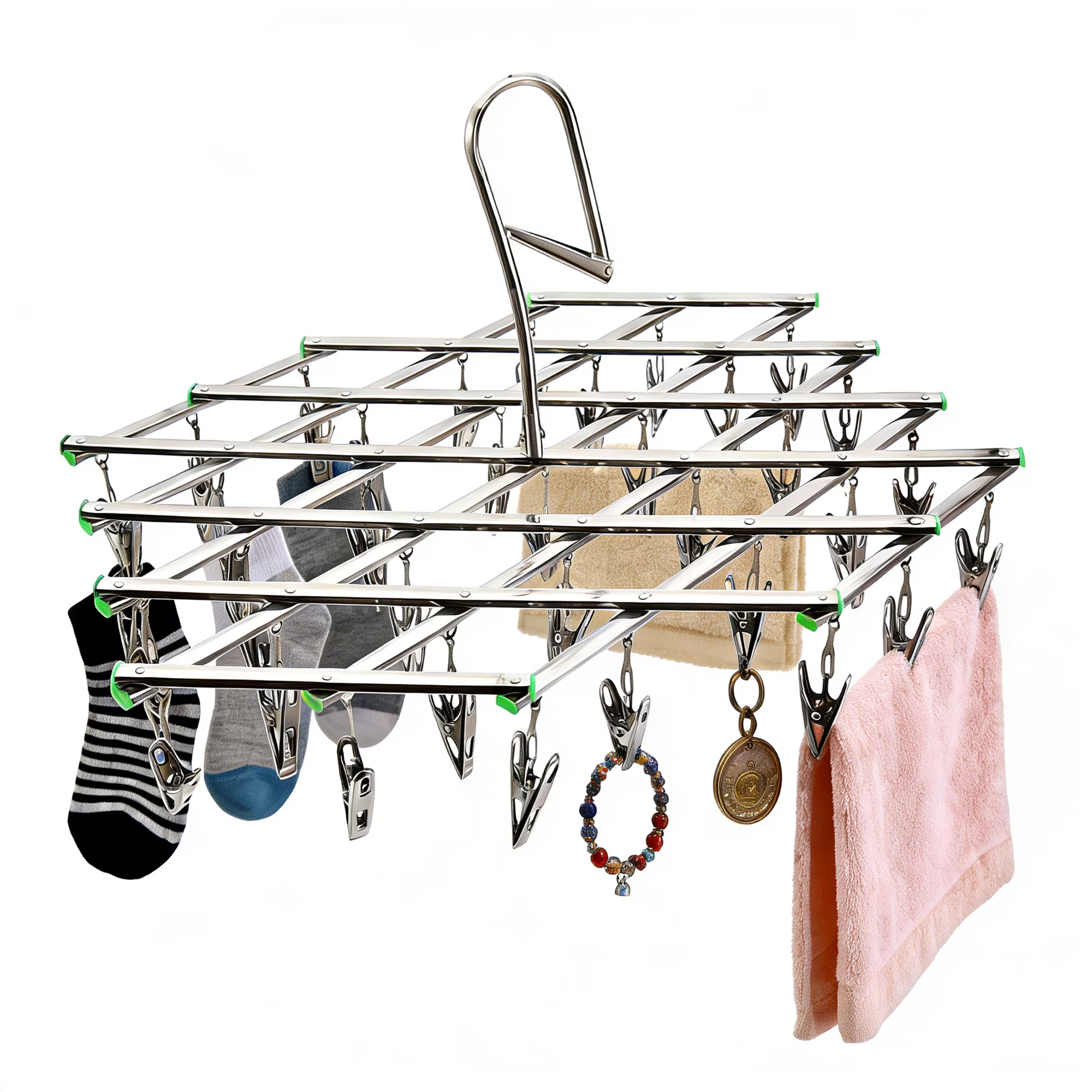 Stainless Steel Sock Drying Rack with 35 Clips, Foldable Space Saver Laundry Drip Hanger for Socks, Underwear, Bras and Baby Clothes