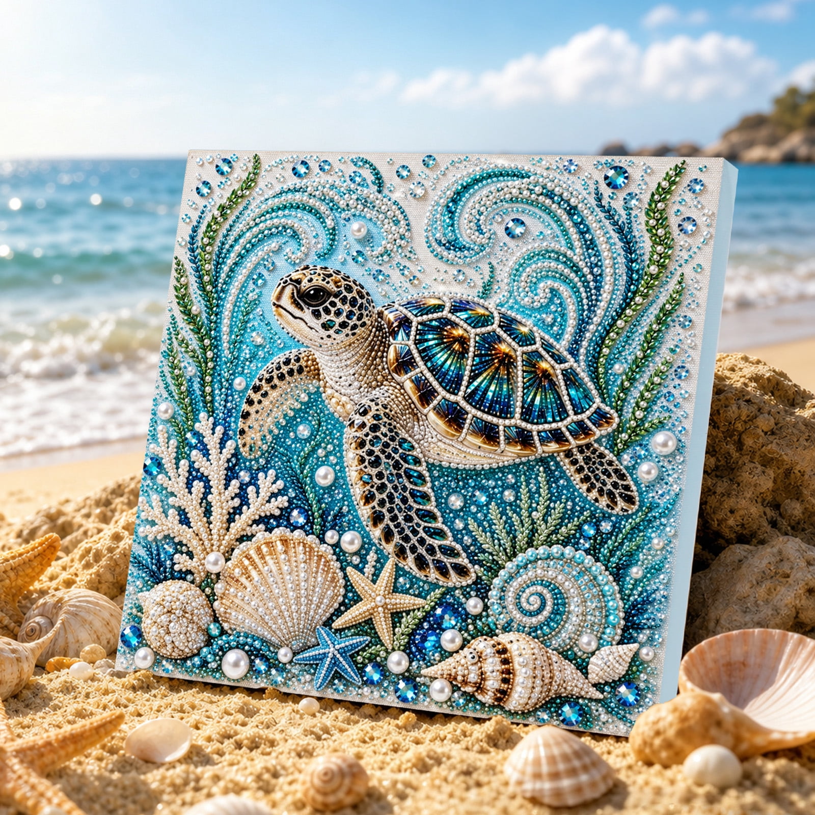 Ocean Theme Pearl Art DIY Kit, 3D Turtle DIY Pearl Painting Kit with Frame,7.87x7.87 in, Diamond Art Craft for Adults Beginners, Sparkling Coastal Wall Decor