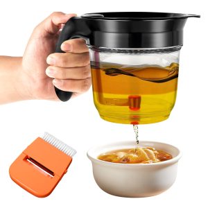 Xiyztok Fat Separator with Bottom Release and Strainer, 33 oz (4 Cup) Gravy Strainer for Kitchen Cooking Oil Separators, Includes Peeler