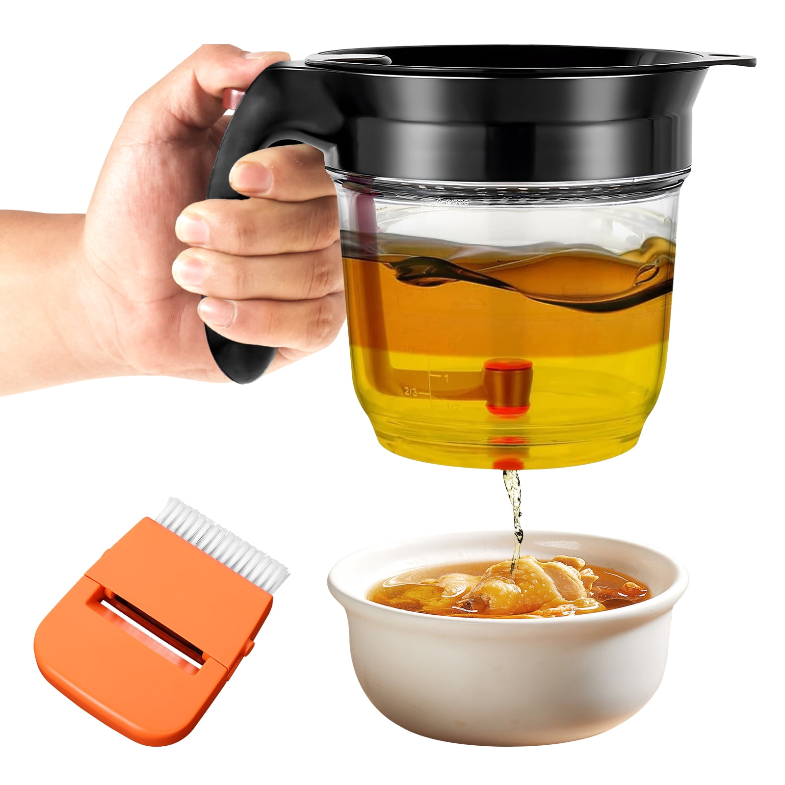 Xiyztok Fat Separator with Bottom Release and Strainer, 33 oz (4 Cup) Gravy Strainer for Kitchen Cooking Oil Separators, Includes Peeler