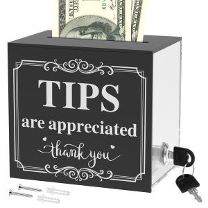 Tip Box for Bartender with Lock and 2 Key, Black Acrylic Tip Jar, Donation Box with TIPS Sign, Secure Cash Drop Box for Musician and Event, 3.9 x 4.7 x 5.3 in