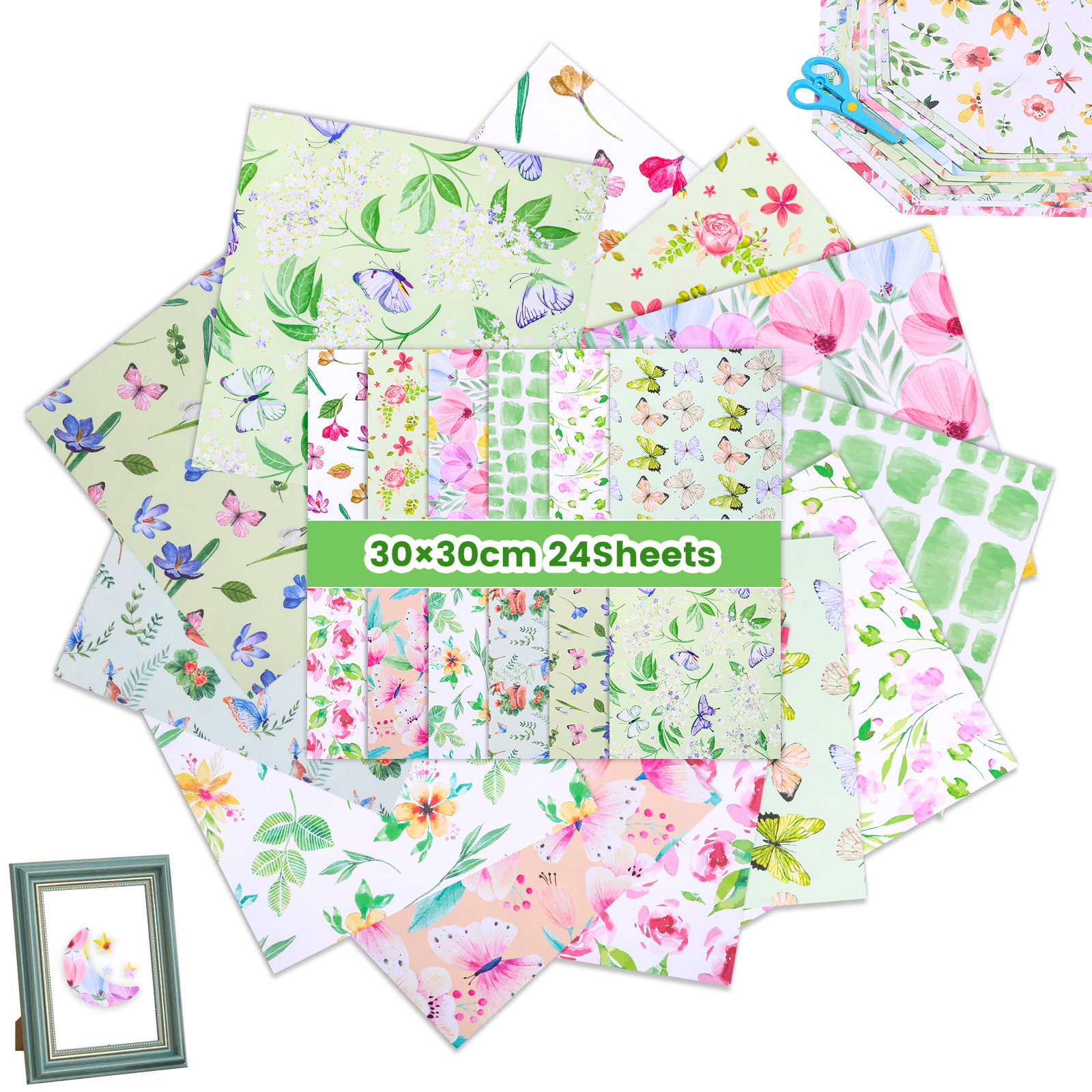 24 Sheet Scrapbook Paper, 11.8 x 11.8" Double Sided Decorative Craft Paper ?C Spring Floral Patterned for Junk Journal, DIY Card & Album Decoration, Green