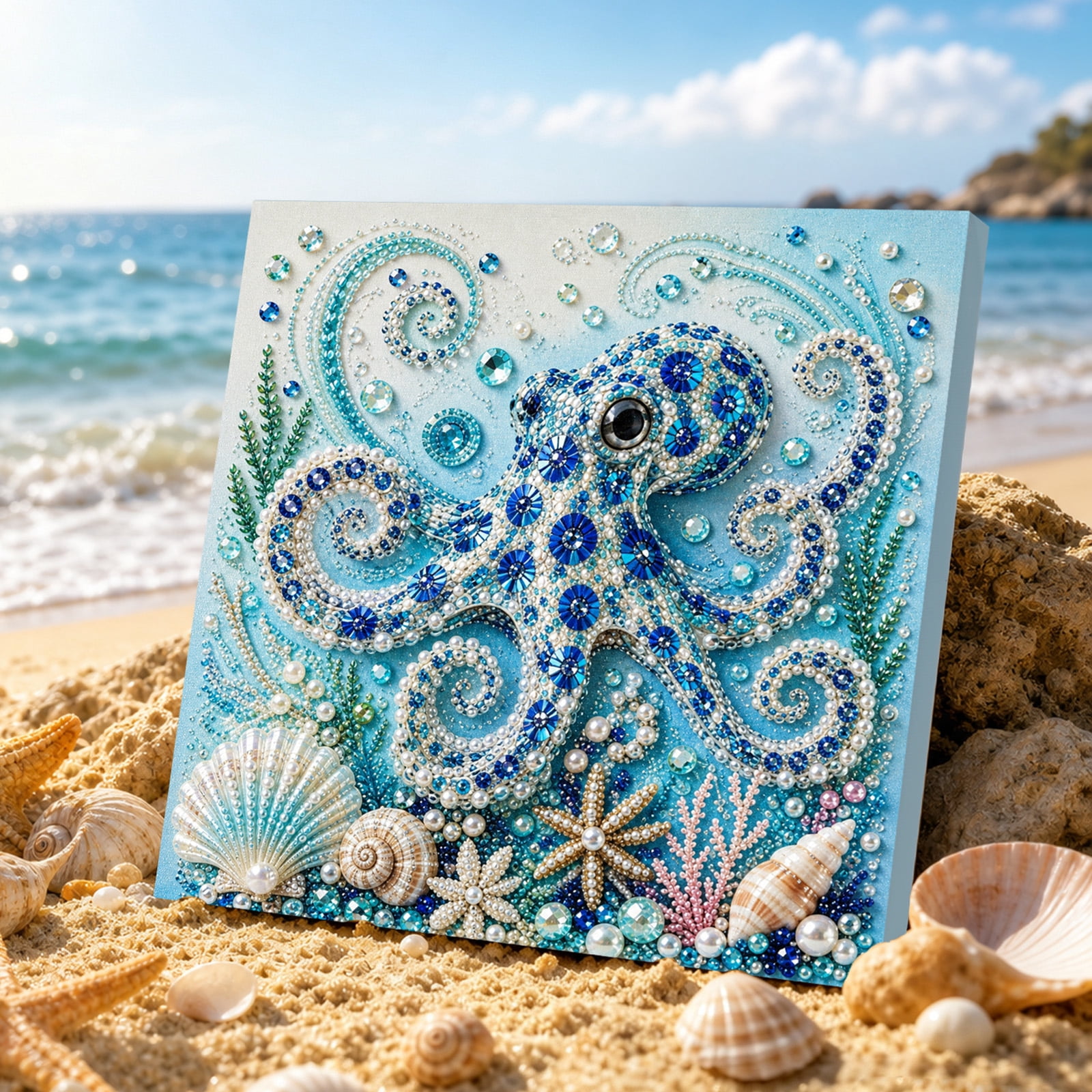 Ocean Theme Pearl Art DIY Kit, 3D Octopus DIY Pearl Painting Kit with Frame,7.87x7.87 in, Diamond Art Craft for Adults Beginners, Sparkling Coastal Wall Decor