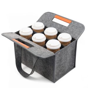 6 Cup Drink Carrier for Delivery, Felt Reusable Coffee Cup Holder Bag, Portable Beverage Caddy with Handle for Car Travel, Grey