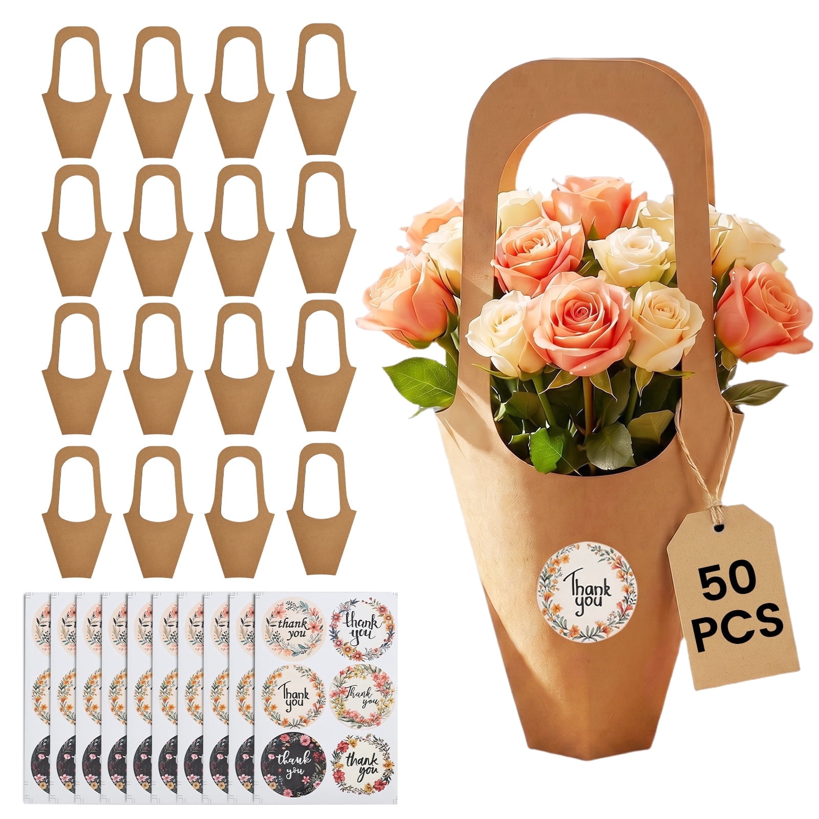 50Pack Kraft Paper Flower Bouquet Bag with Handles, Tapered Flower Gift Bags with 10 Thank You Stickers for Wedding Party Favors and Floral Wrapping Supplies