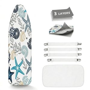 Ironing Board Cover and Pad, Standard Size 15x54, Scorch Resistant Thick Padding, Elastic Edge & 4 Fasteners,Ocean Starfish White