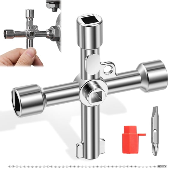 4-Way Sillcock Wrench & Multi-Functional Utility Key, 4-in-1 Universal Cross Wrench Steel Opening Tool with Bit 4 Way Sillcock Key,Cross Key for Outdoor Spigot, Water Meter Valve, Gas