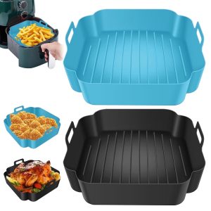 Xiyztok 2Pcs Air Fryer Silicone Pot with Handle Reusable Air Fryer Liner Heat Resistant Air Fryer Silicone Basket Square Baking Tray Air Fryer Accessories Liners Baking Pan for Air Fryer Microwave