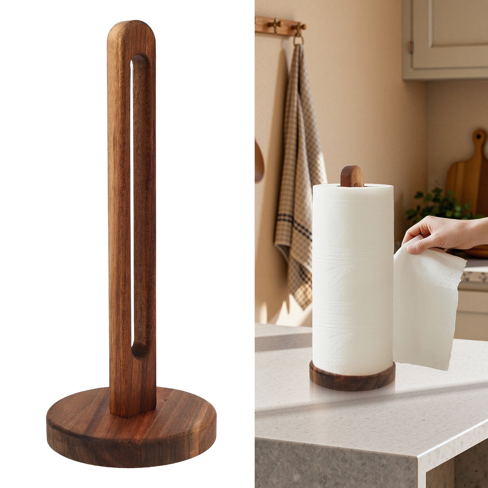FVKRNYZ Wooden Paper Towel Holder Countertop, Acacia Standing Paper Roll Holde with Non-Slip Base Weighted Base for Kitchen Bathroom