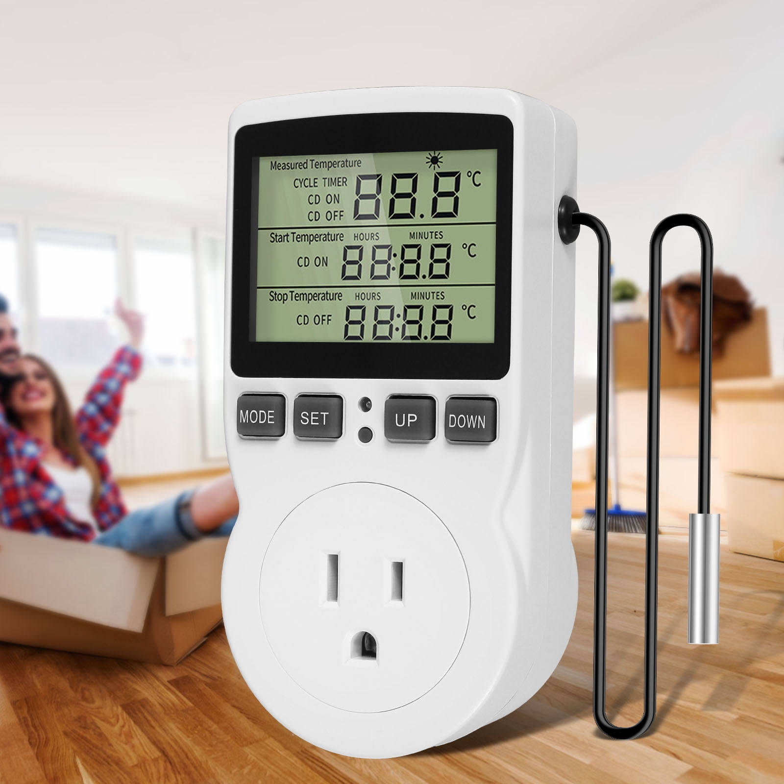 Thermostat Temperature Controller Socket 1800W 15A/120V Digital Thermostat Timer Outlet Heating Cooling Control Timer Plug Smart Plug in Temp Controller for Home Greenhouse