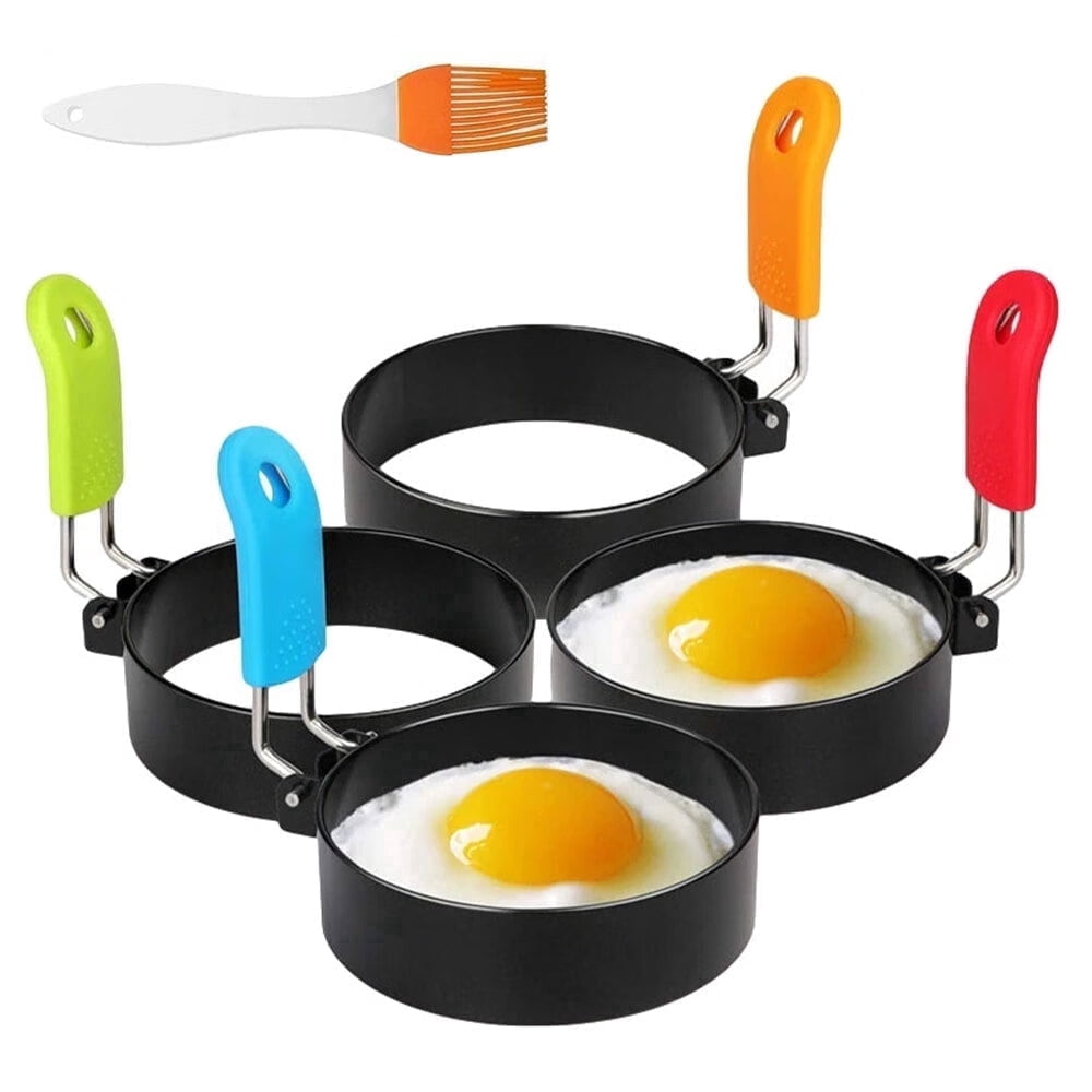 Xiyztok 4-Pack Egg Rings, 4-Inch Nonstick Round Egg Molds for Griddle, Stainless Steel Fried Egg Shaper with Silicone Handles Breakfast Tool