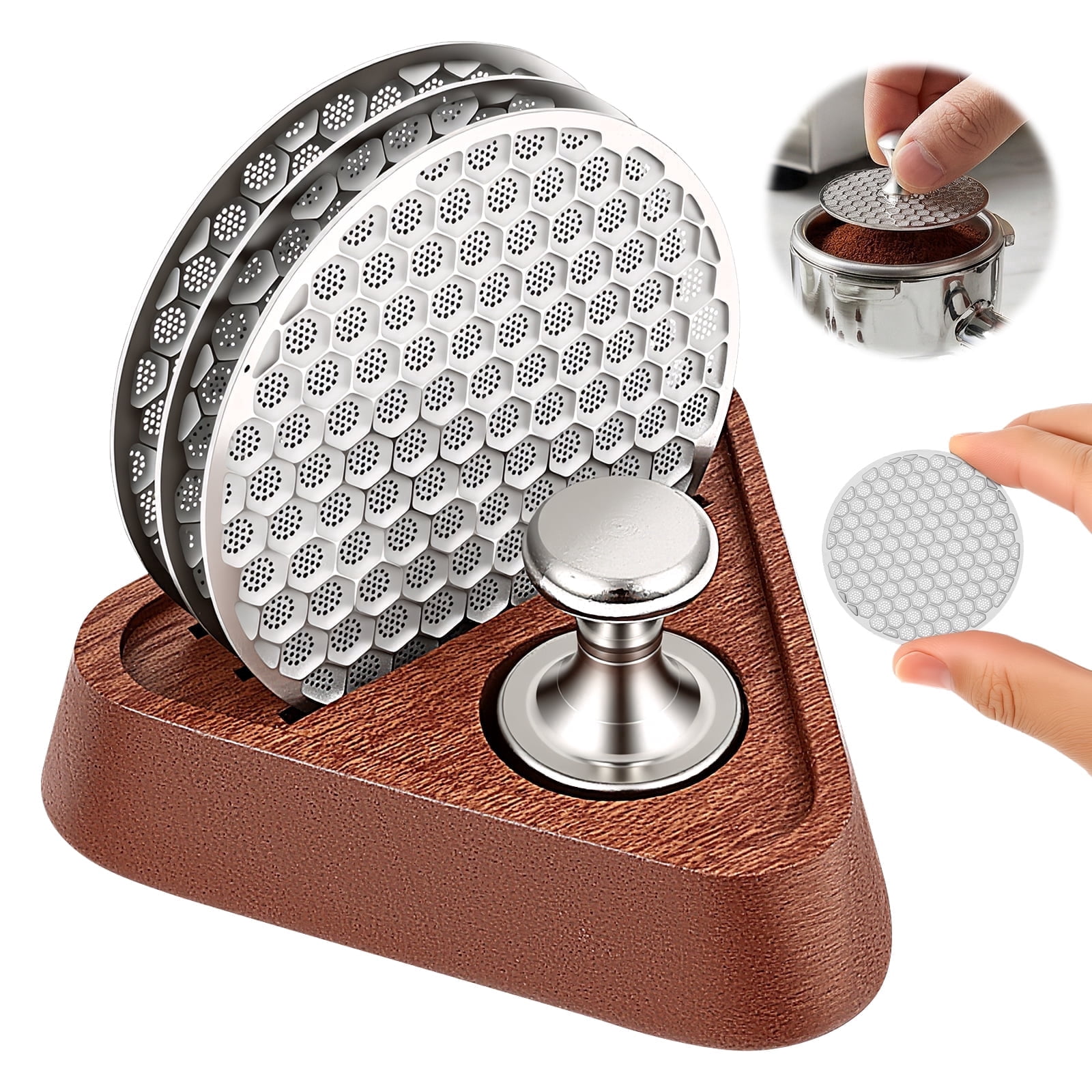 53.3mm Espresso Puck Screen 3pack for 54mm Breville Portafilter, Reusable Stainless Steel Coffee Filter Screen with Upgraded Magnetic Extractor Pin & Walnut Wood Stand, Anti-Channeling Barista Tool