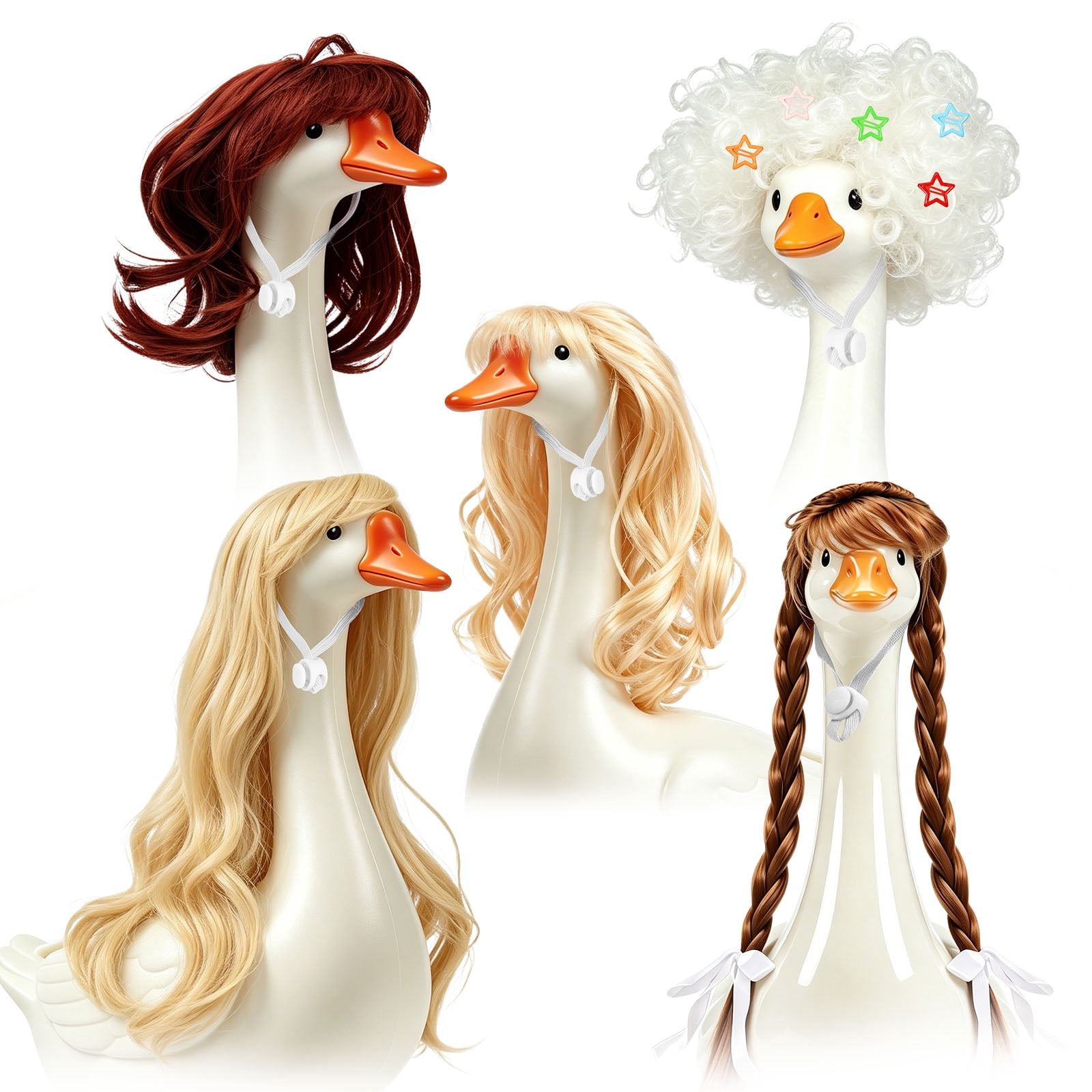 5Pcs Porch Goose Wig with Star Hair Clip for 17 Inch to 23 Inch Statue Fashion Lawn Goose Wig Outdoor Statue Decorative Accessories for Yard Garden Porch