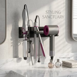 Hair Dryer Holder, 3-in-1 Wall Mounted Hair Tool Organizer for Blow Dryer, Curling Iron & Flat Iron, Anti-Rust Bathroom Storage Rack