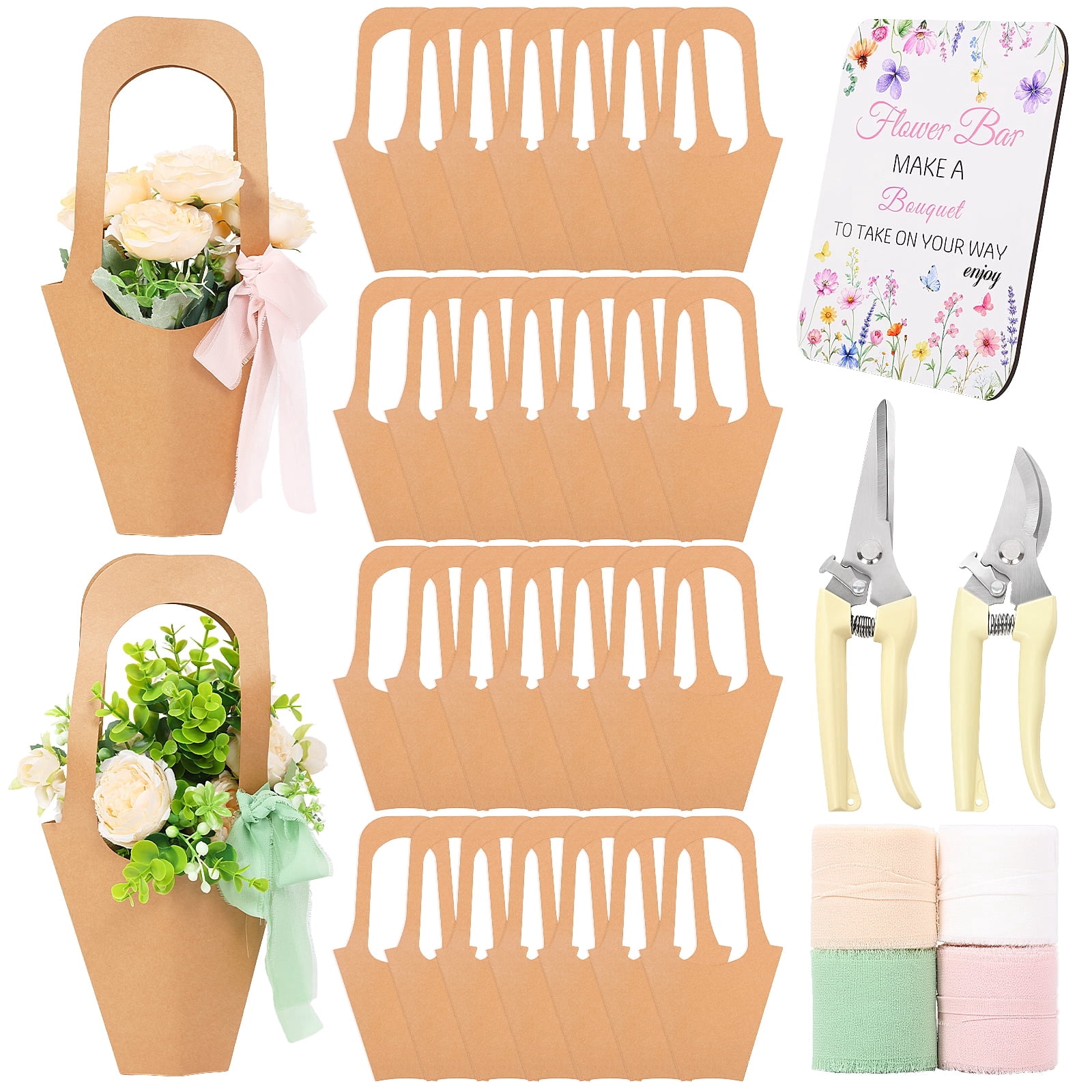 Bloom Bar Flower Station Decor Kit with Wooden Stand 4 Rolls Chiffon Ribbons 2 Floral Scissors 30 Paper Flower Bags Complete Florist Supply Set for Wedding Bridal Shower Party,Flower Bucket