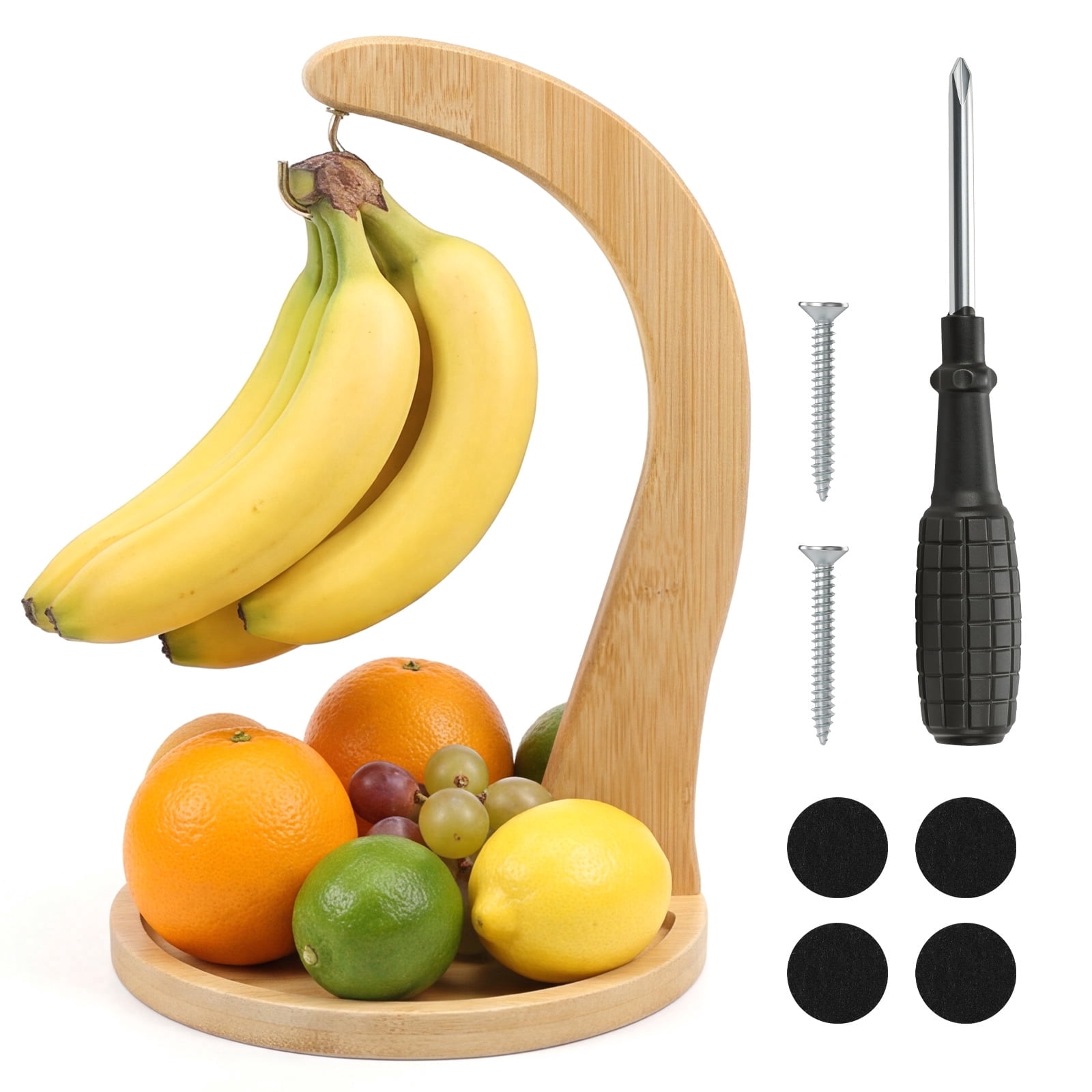 FVKRNYZ Wooden Banana Holder, 11 inch Banana Hanger with Fruit Tray for Kitchen Countertop Organization Easy Assembly