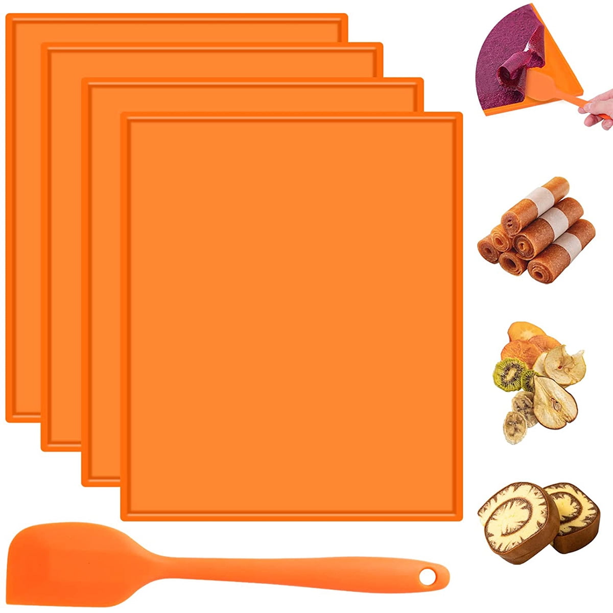 Xiyztok 4Pcs Food Dehydrator Sheets Silicone Dehydrator Mats with Edge Non-Stick Dehydrator Sheets Mul-Silicone Dehydrator Trays with Scraper for Making Fruit Leather Vegetables Herbs