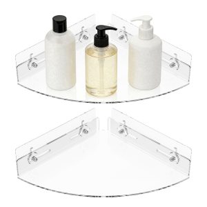2 Pack Clear Acrylic Corner Shower Caddy, Adhesive No Drill Floating Corner Shelf, Rustproof Shower Shelf Organizer for Kitchen Bathroom Home Decor