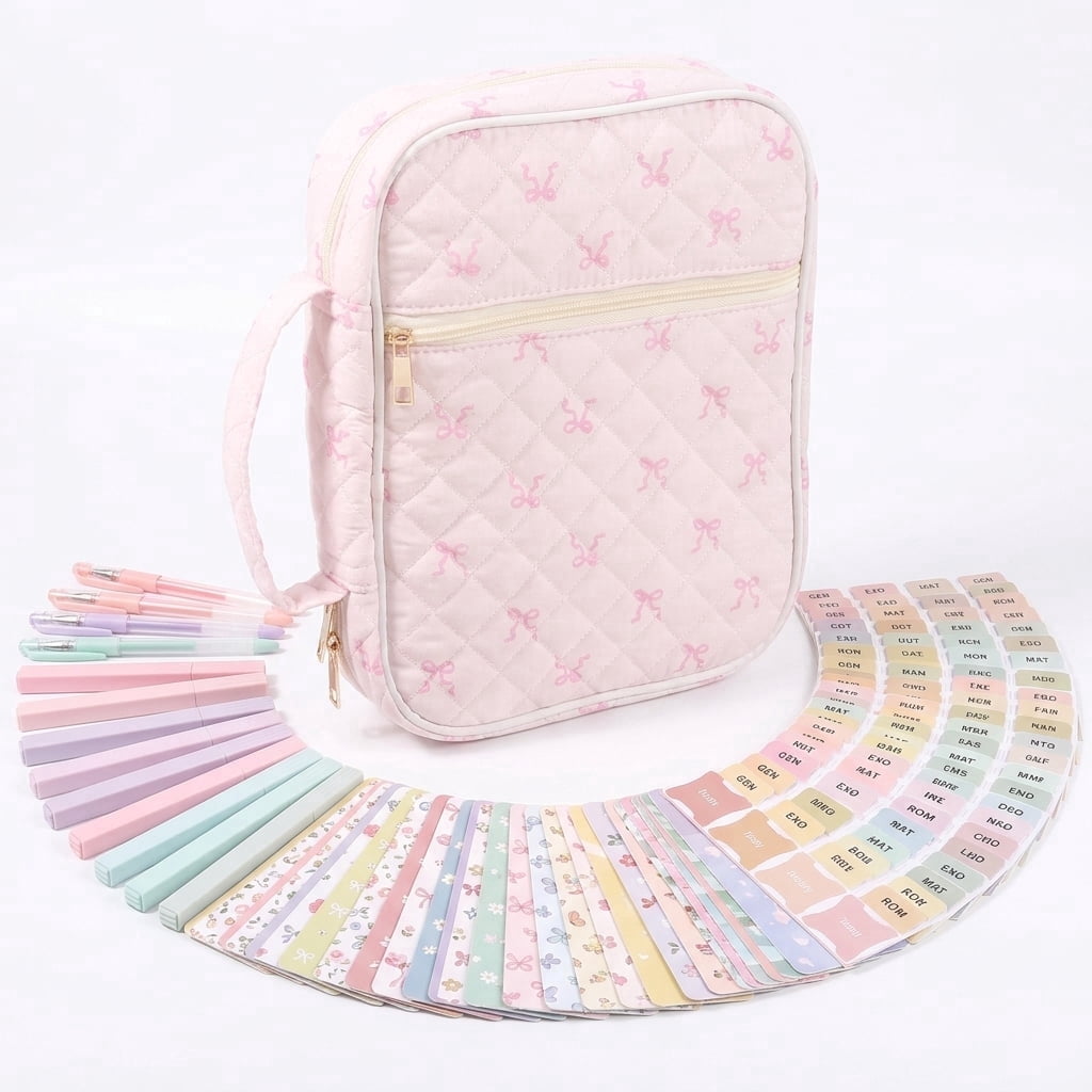 Pink Bible Cover Case for Women, Large Carrying Bible Bag with 292 Pcs Journaling Kit, No Bleed Highlighters, Aesthetic Christian Gifts for Women