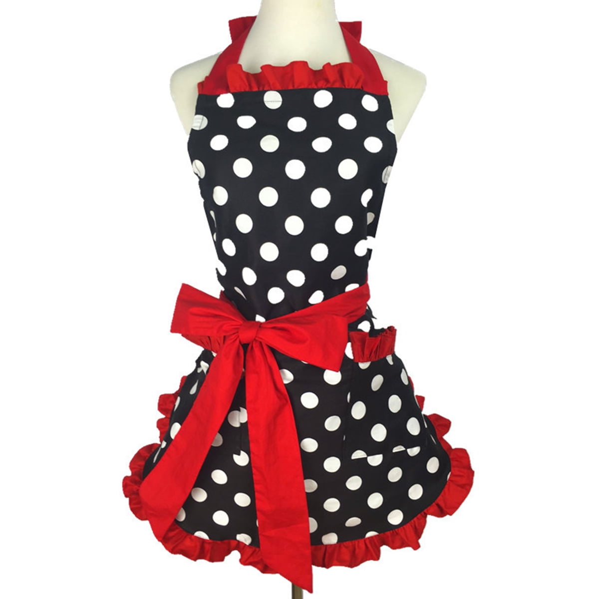 Rzvnmko Cute Apron Polka Dot Aprons Ruffle Side Vintage Cooking Aprons with Pockets Adjustable Kitchen Aprons for Women Girls Waitress Chef Mother's Day Gift