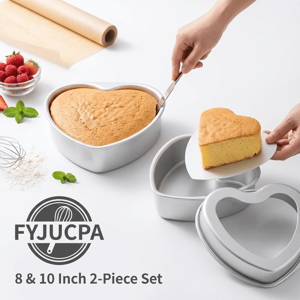2 Pcs Heart Cake Pan with Removable Bottom 8inch + 10inch Aluminum Alloy Heart Shaped Cake Pan for Baking with 2 Release Knives