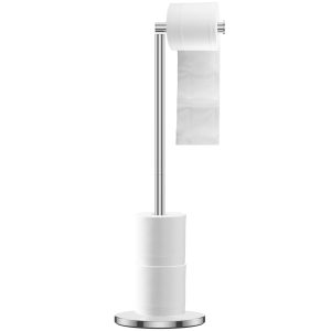 Xiyztok Toilet Paper Holder Freestanding, Stainless Steel Toilet Paper Stand with Storage for 4 Mega Rolls, Heavy Weighted Base, Silver