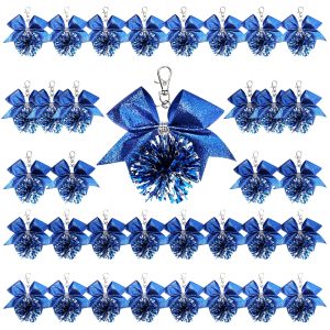 20 Pcs Cheer Pom Pom Keychain Bulk Cheerleader Gifts for Girls Blue Bow Bag Charm with Metal Clasp