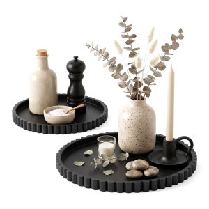 2Pcs Coffee Table Tray Exquisite Round Decorative Tray Multifunctional Coffee Table Decor for Living Room Kitchen Counter Bathroom Bedroom, 10.98 inches, Black