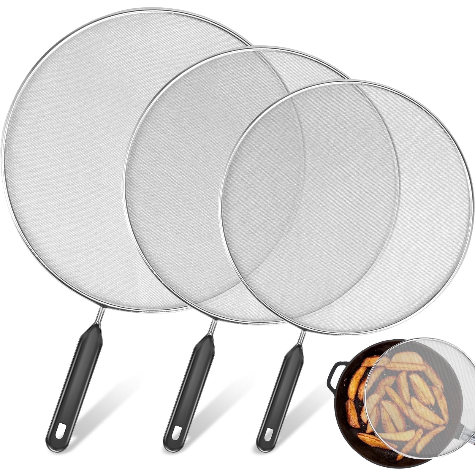 3 Piece Stainless Steel Fine Mesh Splatter Screen Set, 13", 11.4", 9.8" Splatter Screen for Frying Pan, Grease Splatter Guard with Heat-Resistant Handles