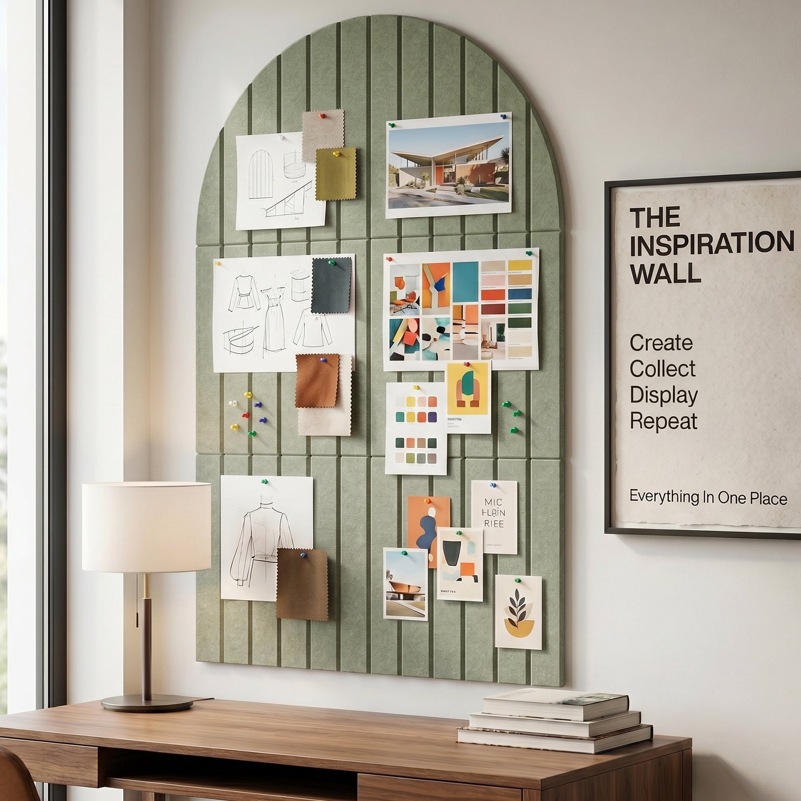 Large Arched Felt Bulletin Board - Stylish Perfectly Sized 35" x 24" Cork Board Alternative for Office & Wall Decor ?C 6 Customizable Adhesive Tiles with Pins are Perfect to Display Your Photos