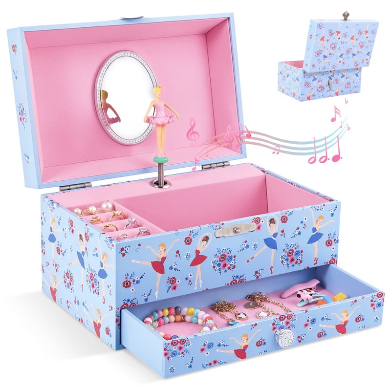 Musical Jewelry Box for Girls with 2 Pullout Drawers to Store Earrings, Necklace and Bracelets 7x4.4x3.7 inch