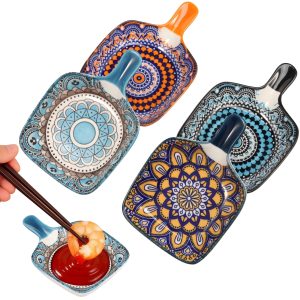Xiyztok Boho Ceramic Dipping Bowls with Handle, 3 oz Small Pinch Bowls Set of 4 for Soy Sauce, Condiments & Charcuterie