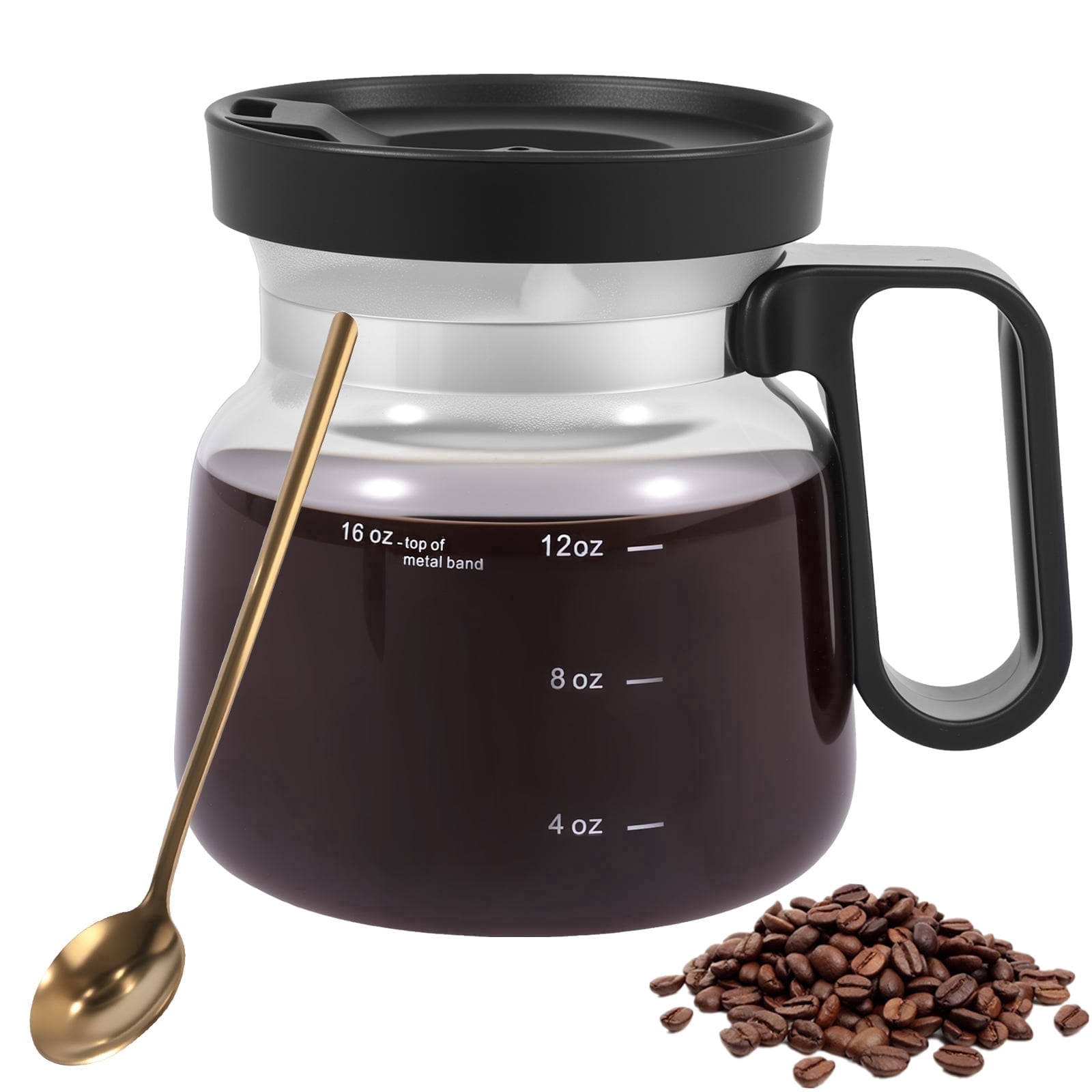 16oz Coffee Pot Mug with Spill Proof Travel Lid and Spoon,Clear High Borosilicate Glass Mini Coffee Pot Cup,Unique Novelty Gift for Coffee Lovers,Coworkers and Office White Elephant