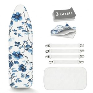 Ironing Board Cover and Pad, Standard Size 15x54, Scorch Resistant Thick Padding, Elastic Edge & 4 Fasteners, Blue Floral