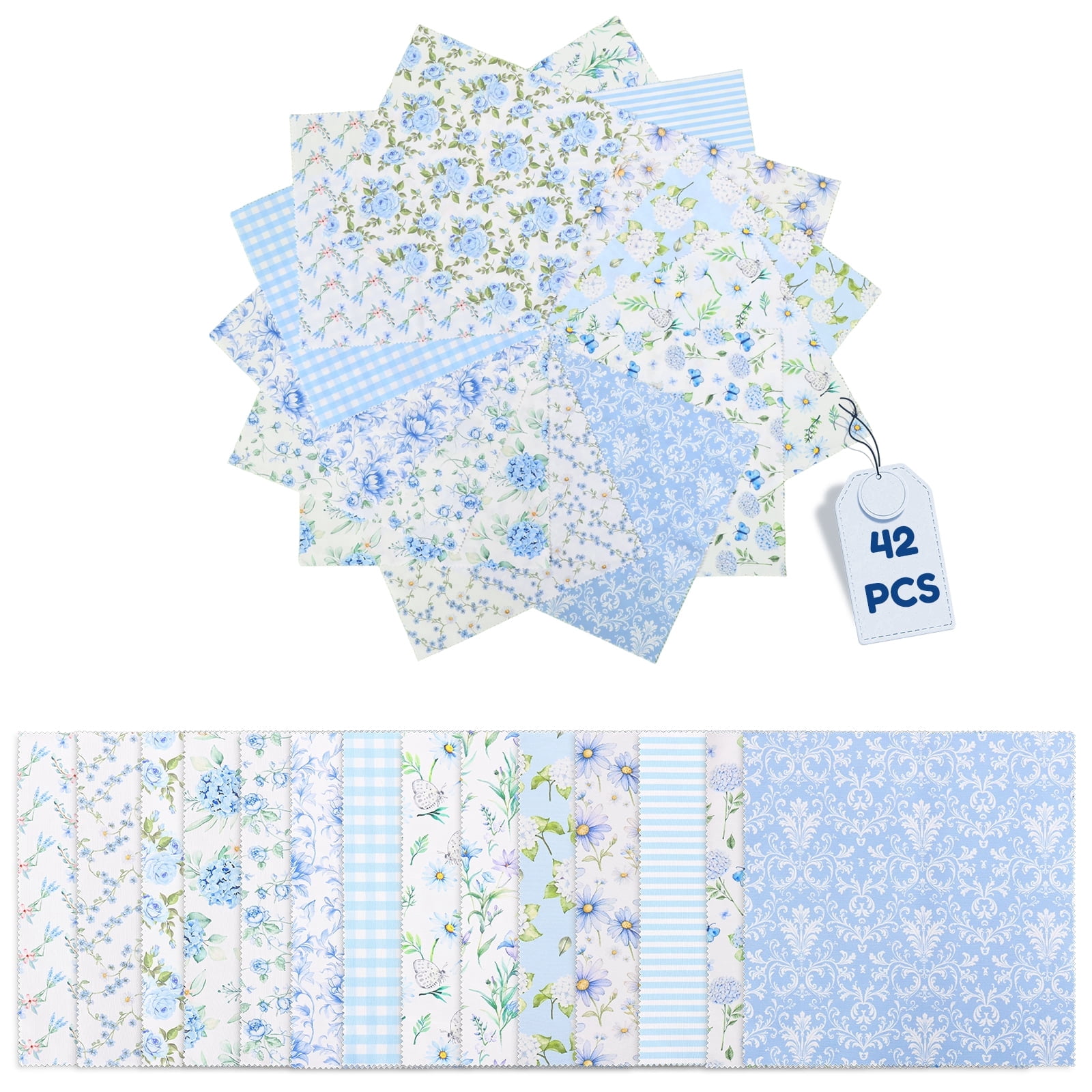 42 Pcs Hydrangea Polyester Cotton Fabric Bundle 10x10 inch Watercolor Dusty Blue Flower Fat Quarter Plaid Stripe Sewing Fabric for DIY Craft Party Decor