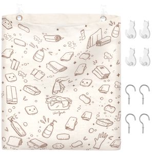 Reusable Dirty Rag Bag, Multifunctiona Rag Storage Bag with Plastic Liner for Under Sink Cabinet Door Dish Towel, Napkins, Cleaning Tools Storage Includes 8 Hooks