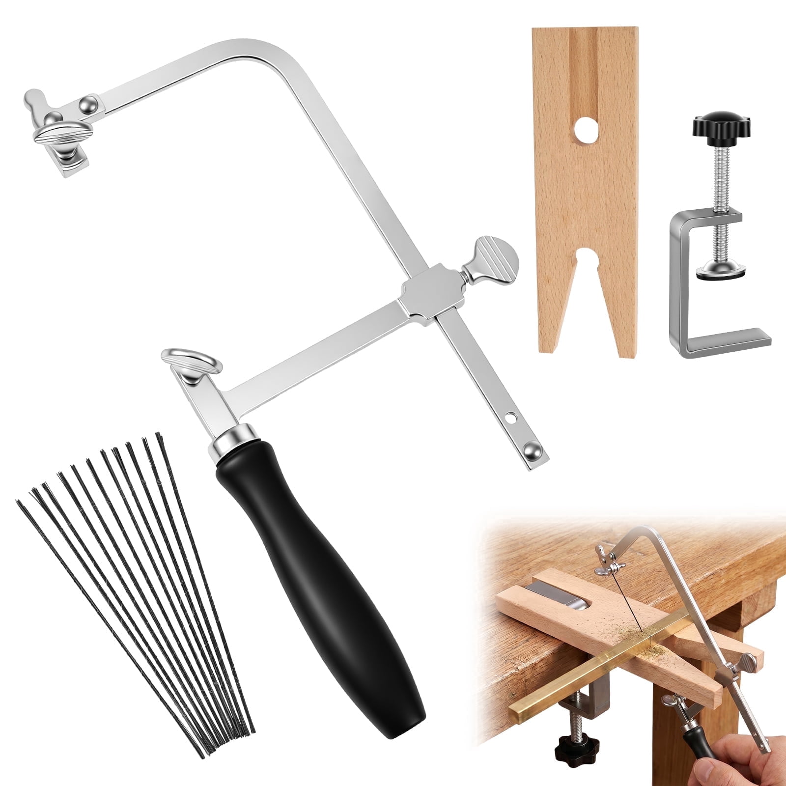 3 in 1 Jewelers Saw Kit with 144 Pcs Steel Blades, Adjustable Saw Frame and V-Slot Wooden Bench Pin with Clamp, Professional Jewelry Making Tools for Metal Wood Craft Cutting